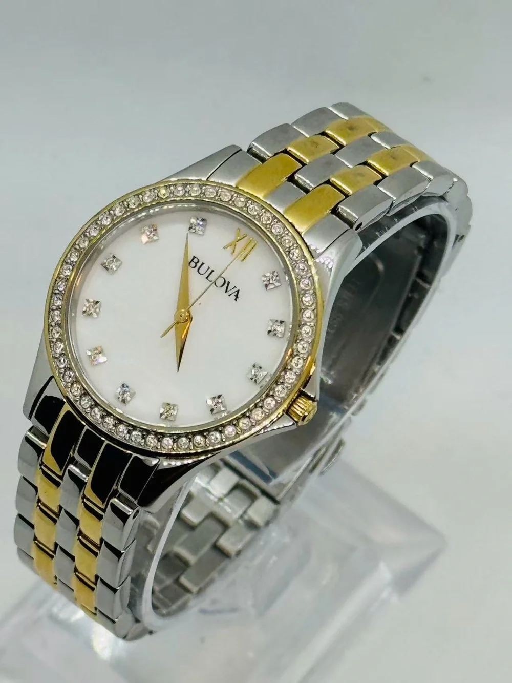 Bulova Women Quartz Watch MOP Dial Crystal Bezel Two Tone 28mm New Battery Runs